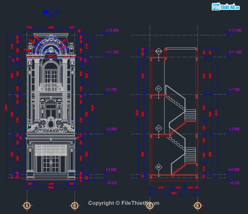 nhà phố 3 tầng,file cad nhà phố 3 tầng,nhà phố 3 tầng tân cổ điển