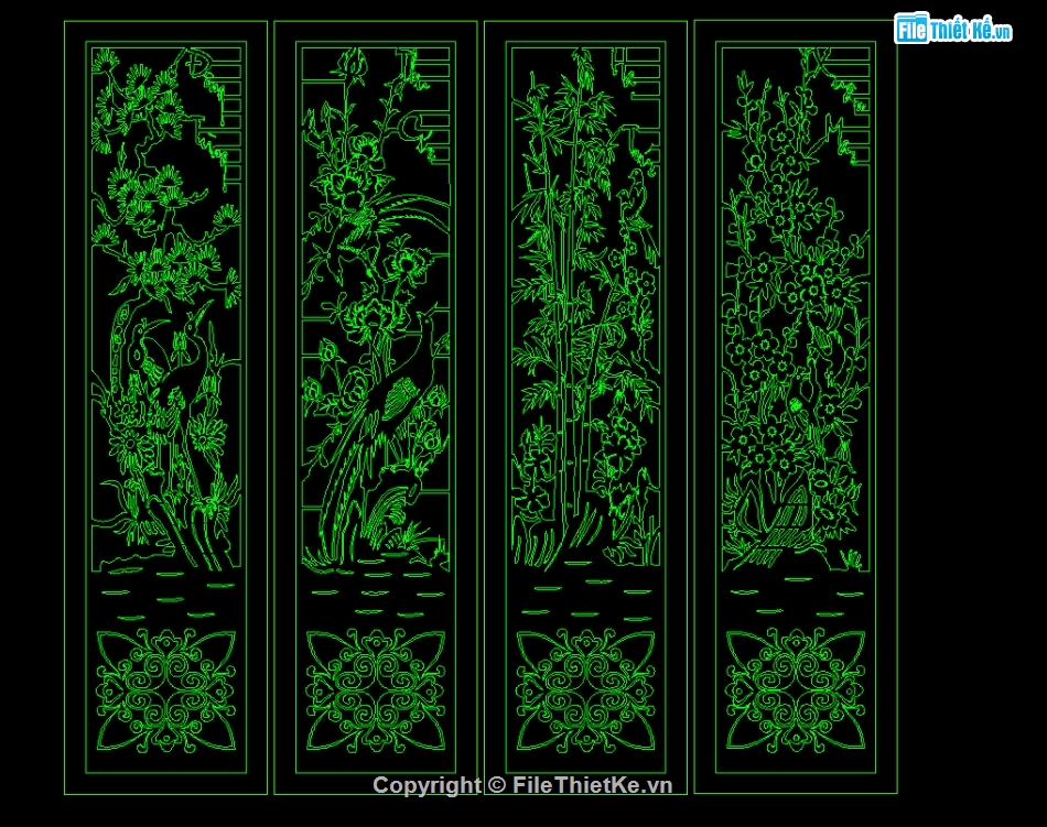 hoa văn cửa CNC,CNC bộ cửa 4 cánh hoa văn,File CNC cửa,CNC cửa hoa văn,tranh tùng cúc trúc mai cắt cnc,Xuân Hạ thu đông CNC