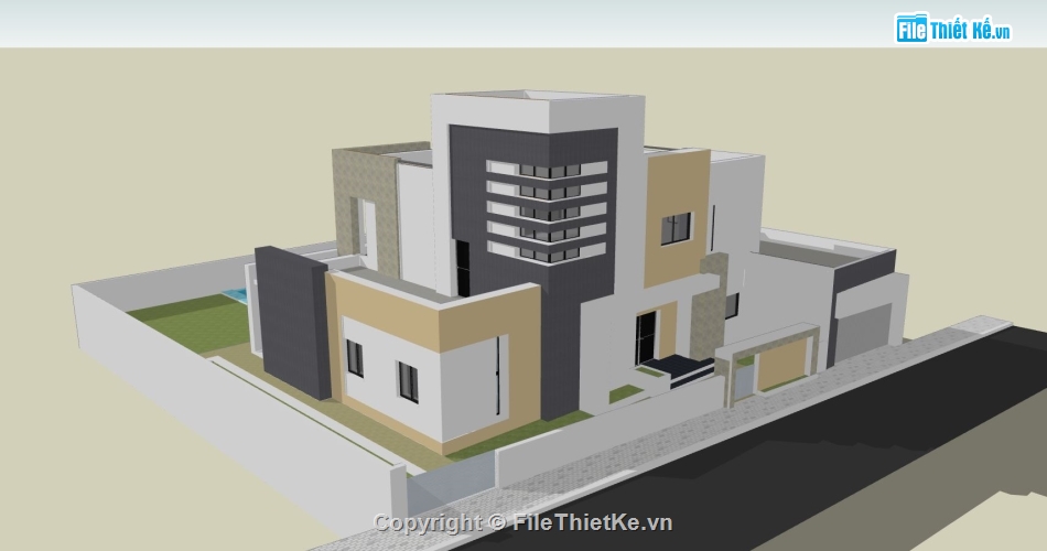 biệt thự 2 tầng,file sketchup biệt thự 2 tầng,phối cảnh biệt thự 2 tầng,mẫu su biệt thự 2 tầng