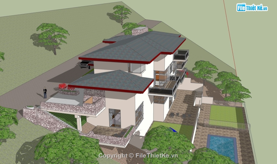 villa 4 tầng,mẫu sketchup villa 4 tầng,file su biệt thự 4 tầng,Phối cảnh villa 4 tầng