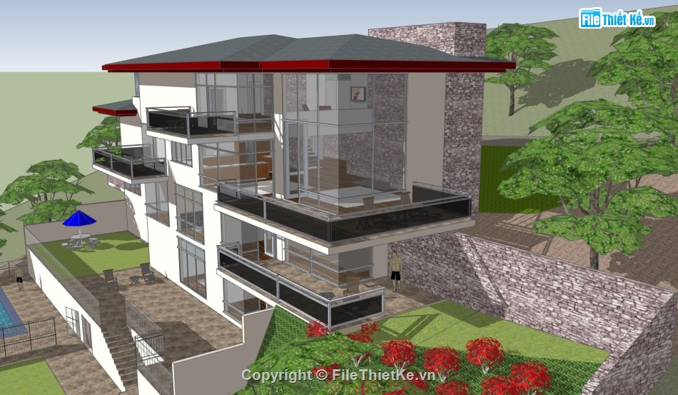 villa 4 tầng,mẫu sketchup villa 4 tầng,file su biệt thự 4 tầng,Phối cảnh villa 4 tầng