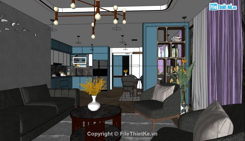 su nội thất phòng khách,phòng bếp sketchup,sketchup nội thất chung cư,su khách bếp