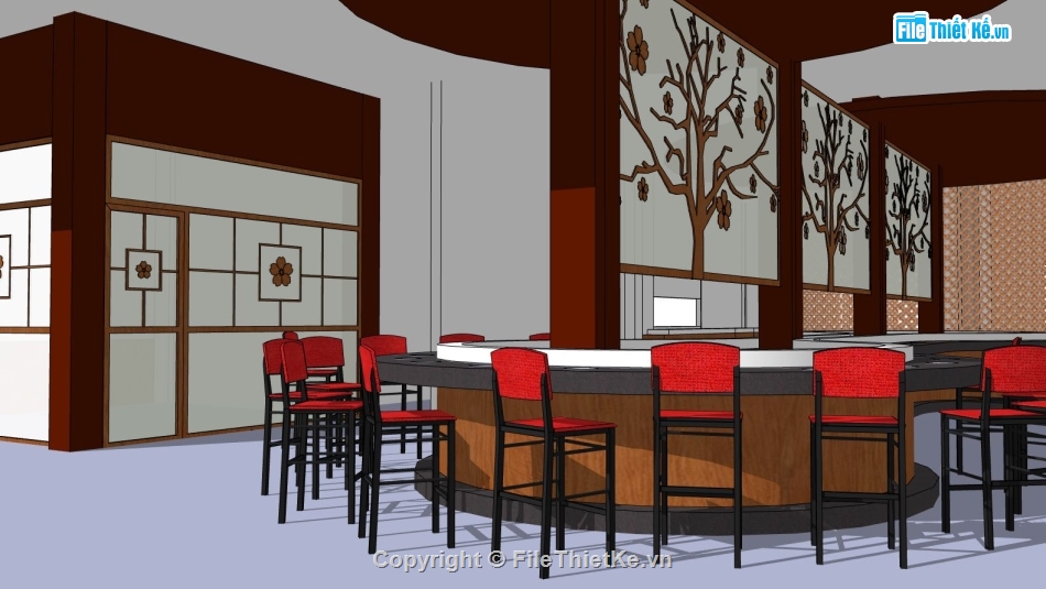 nhà hàng lẩu băng chuyền,file sketchup nhà hàng lẩu nướng,model su nhà hàng lẩu