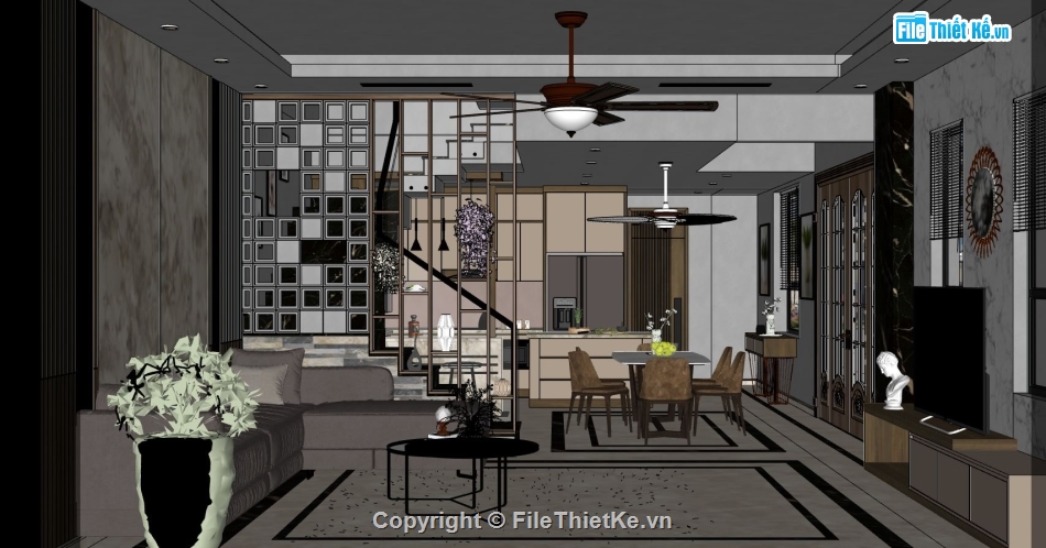 phòng khách sketchup,nội thất khách bếp sketchup,sketchup nội thất phòng bếp,mẫu thiết kế nội thất khách bếp