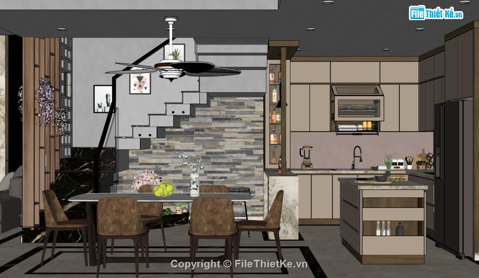 phòng khách sketchup,nội thất khách bếp sketchup,sketchup nội thất phòng bếp,mẫu thiết kế nội thất khách bếp