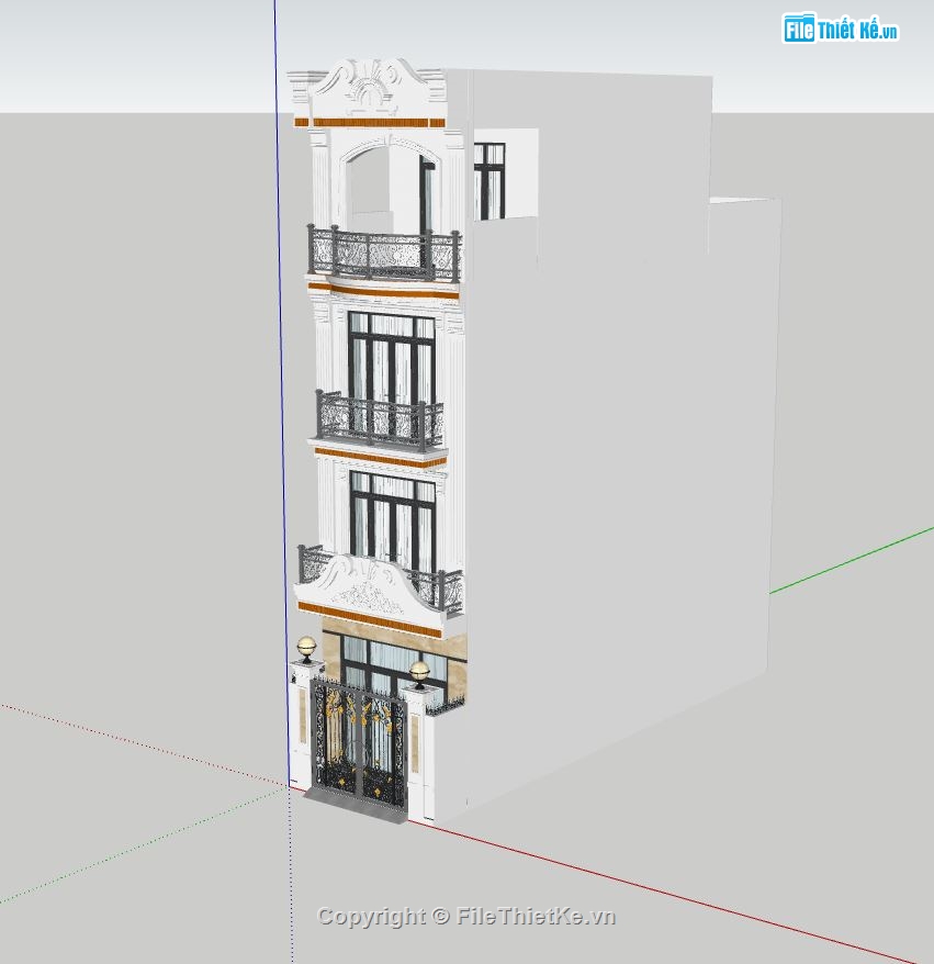 nhà phố 4 tầng,sketchup nhà phố tân cổ điển,file nhà phố sketchup,nhà phố 3 tầng 1 tum