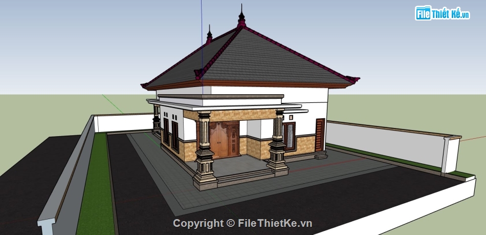 biệt thự 1 tầng,phối cảnh biệt thự 1 tầng,sketchup biệt thự 1 tầng