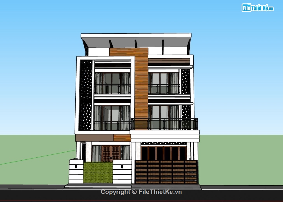 biệt thự 3 tầng,biệt thự mái bằng,biệt thự mái bằng hiện đại,thiết kế biệt thự,file sketchup biệt thự 3 tầng