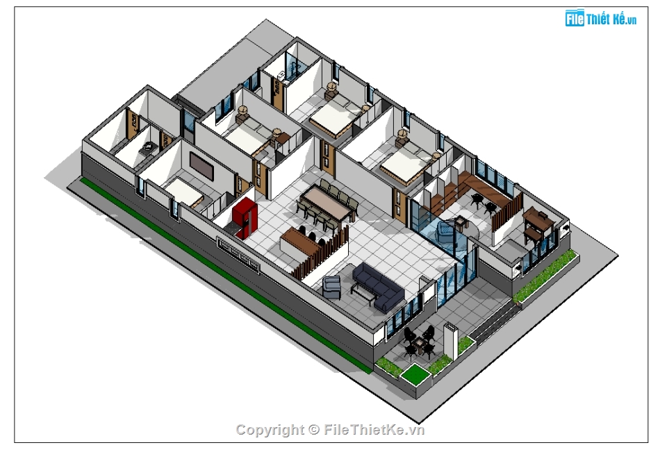 bản vẽ revit biệt thự 1 tầng,revit biệt thự 1 tầng,bản vẽ revit mái thái 1 tầng,file revit biệt thự