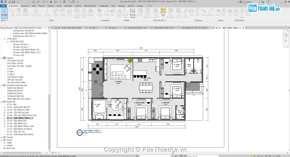 bản vẽ revit biệt thự 1 tầng,revit biệt thự 1 tầng,bản vẽ revit mái thái 1 tầng,file revit biệt thự