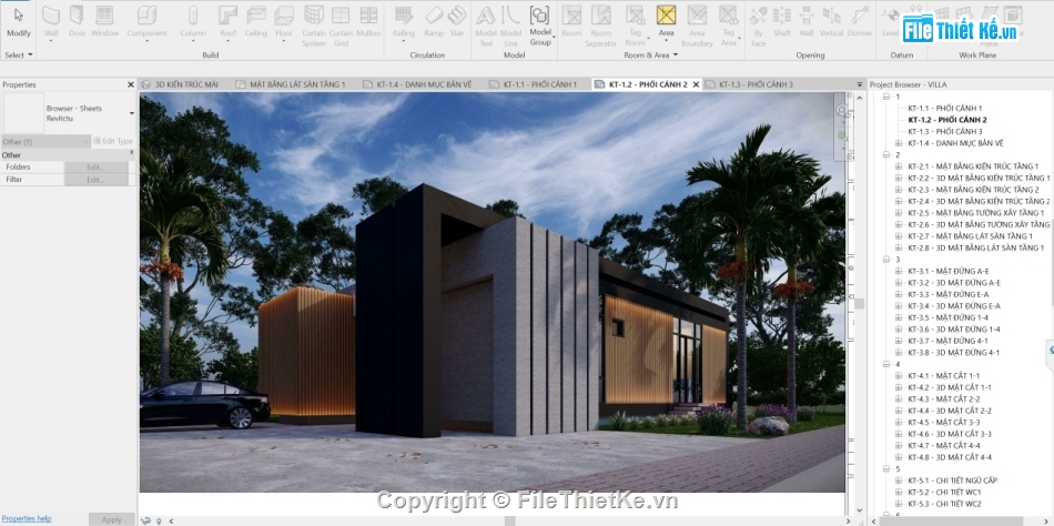 Bản vẽ revit biệt thự 1 tầng,Revit biệt thự 1 tầng,File revit biệt thự 1 tầng,File revit biệt thự 11.95x18.2m,Bản vẽ biệt thự 1 tầng