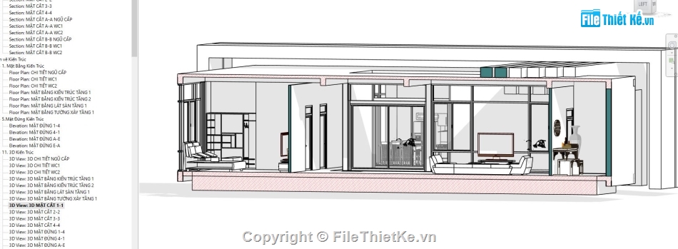 Bản vẽ revit biệt thự 1 tầng,Revit biệt thự 1 tầng,File revit biệt thự 1 tầng,File revit biệt thự 11.95x18.2m,Bản vẽ biệt thự 1 tầng