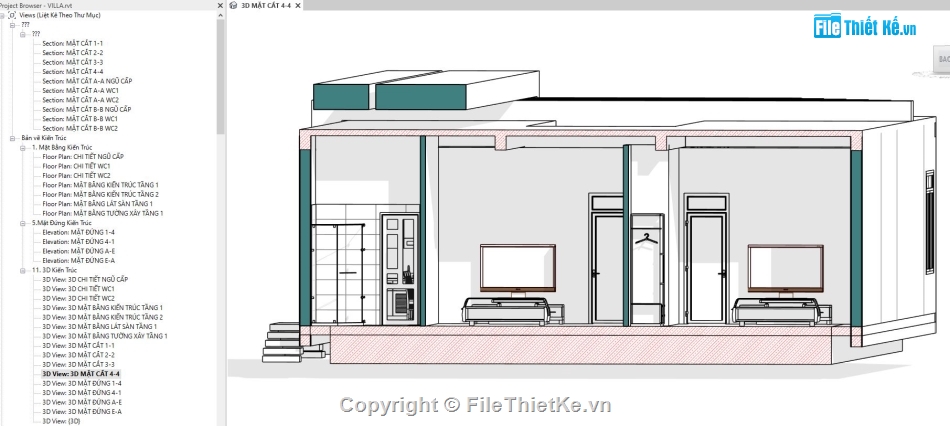 Bản vẽ revit biệt thự 1 tầng,Revit biệt thự 1 tầng,File revit biệt thự 1 tầng,File revit biệt thự 11.95x18.2m,Bản vẽ biệt thự 1 tầng