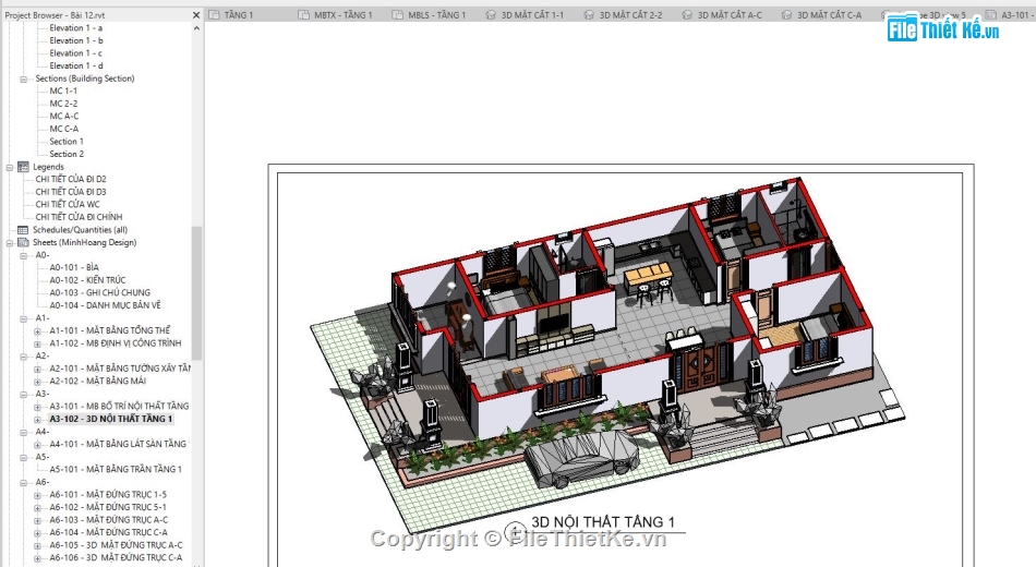 File revit Biệt thự vườn,Bản vẽ revit Biệt thự vườn,revit biệt thự 1 tầng,File revit Biệt thự 1 tầng