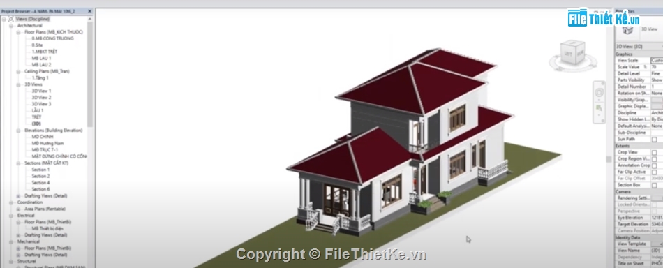 revit biệt thự 2 tầng,file revit biệt thự,bản vẽ revit biệt thự 2 tầng,phối cảnh ngoại thất nhà 2 tầng