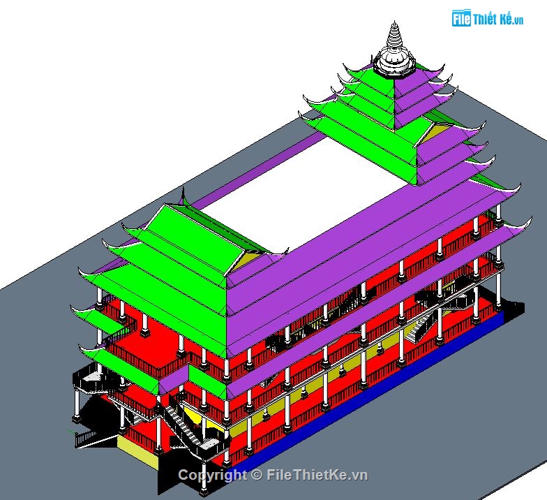 kiến trúc chùa phước long,revit chùa 3 tầng,kiến chùa đẹp,revit thiết kế chùa,kiến trúc đình chùa