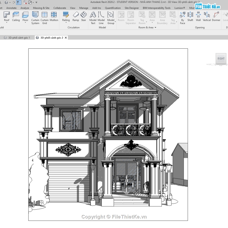 revit nhà 2 tầng,biệt thư 2 tầng 9.6x13.7m,file revit nhà 2 tầng,mẫu revit biệt thự 2 tầng,bản vẽ revit biệt thự 2 tầng