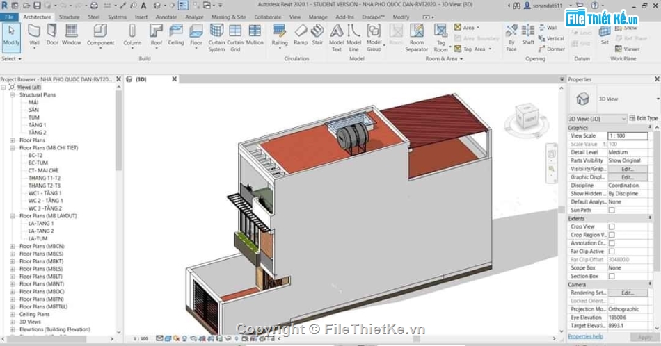 File Revit Nhà phố,File revit nhà phố 3 tầng,Nhà phố 3 tầng revit,revit Nhà phố 3 tầng 5x20m