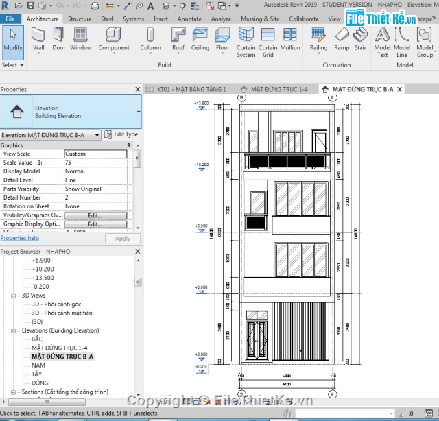 nhà 3 tầng,nhà phố 3 tầng,nhà phố 3.5 tầng,Nhà phố 3 tầng 5.1x11..55m,Bản vẽ Revit nhà phố 3 tầng,bản vẽ nhà phố 3 tầng