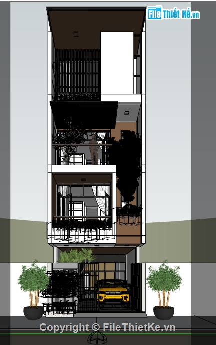 Nhà phố 1 hầm 3 tầng,mẫu nhà phố 4 tầng,skepchup nhà phố 1 hầm 3 tầng,studio 4 tầng,sketchup studio 4 tầng