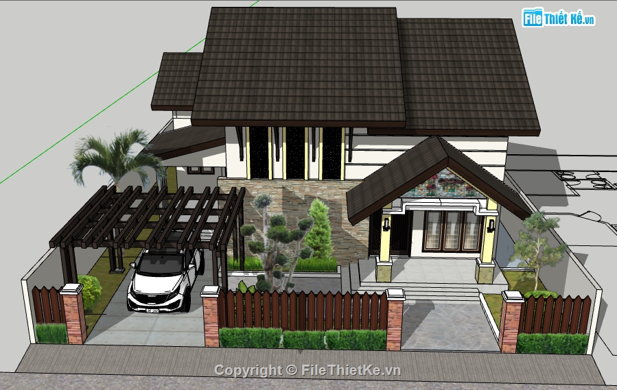 su biệt thự 1 tầng,biệt thự vườn,sketchup biệt thự 1 tầng,file su biệt thự