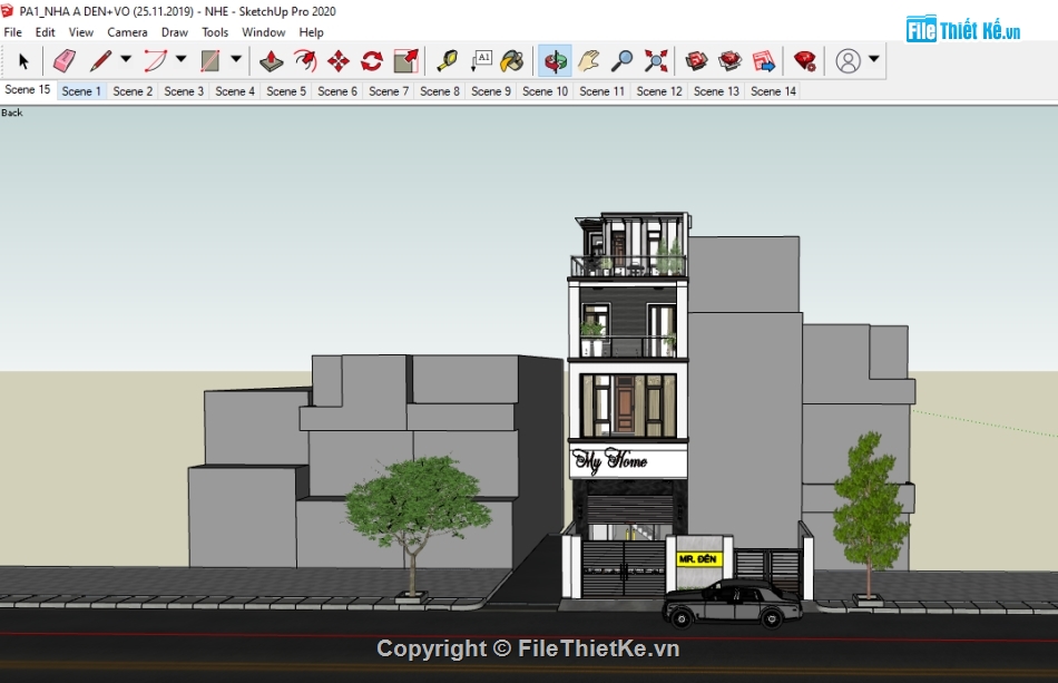 Nhà phố 4 tầng 5x20m,File su Nhà phố 4 tầng,Su Nhà phố 4 tầng,Sketchup Nhà phố 4 tầng,File Sketchup Nhà phố 4 tầng