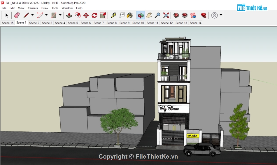 Nhà phố 4 tầng 5x20m,File su Nhà phố 4 tầng,Su Nhà phố 4 tầng,Sketchup Nhà phố 4 tầng,File Sketchup Nhà phố 4 tầng