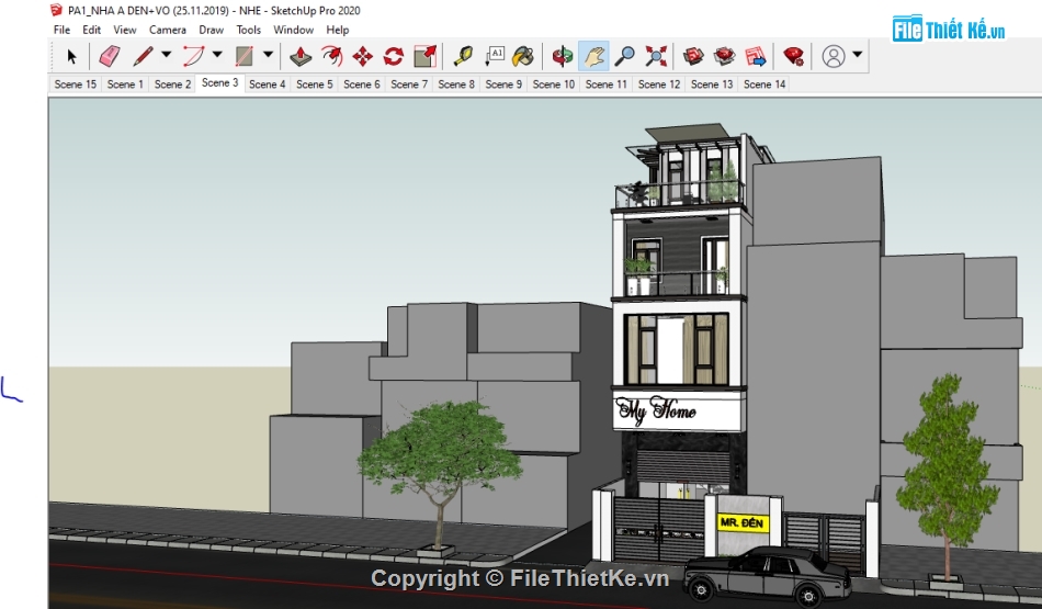 Nhà phố 4 tầng 5x20m,File su Nhà phố 4 tầng,Su Nhà phố 4 tầng,Sketchup Nhà phố 4 tầng,File Sketchup Nhà phố 4 tầng