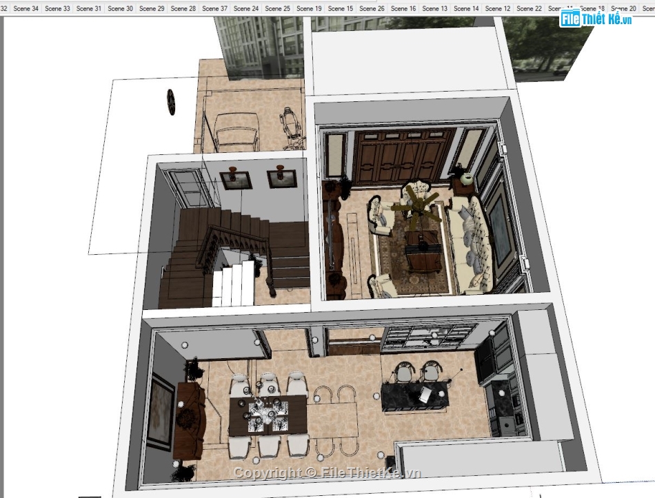 Sketchup bếp,nội thất phòng bếp,phòng khách bếp,nội thất phòng khách,Sketchup phòng khách bếp