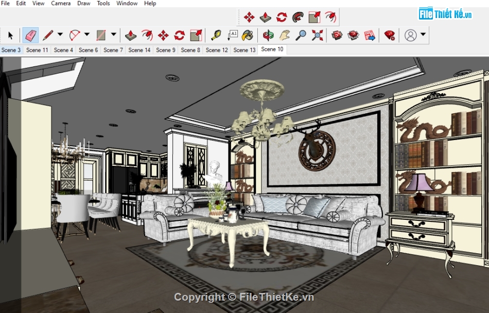 Sketchup Nội thất khách bếp tân cổ điển,File sketchup khách bếp tân cổ điển,Su khách bếp tân cổ điển,Nội thất file sketchup,Phòng khách tân cổ điển,Nhà bếp tân cổ điển