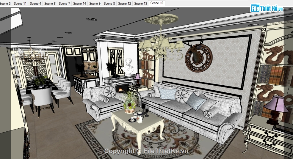 Sketchup Nội thất khách bếp tân cổ điển,File sketchup khách bếp tân cổ điển,Su khách bếp tân cổ điển,Nội thất file sketchup,Phòng khách tân cổ điển,Nhà bếp tân cổ điển