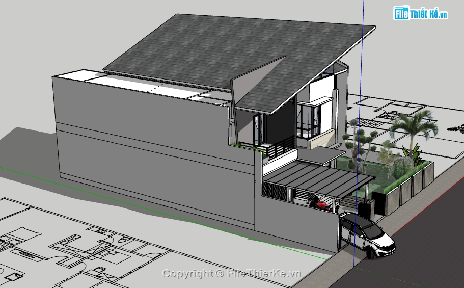 dựng bao cảnh biệt thự 2 tầng,file sketchup biệt thự 15.2x18.6m,dựng model 3d su biệt thự hiện đại