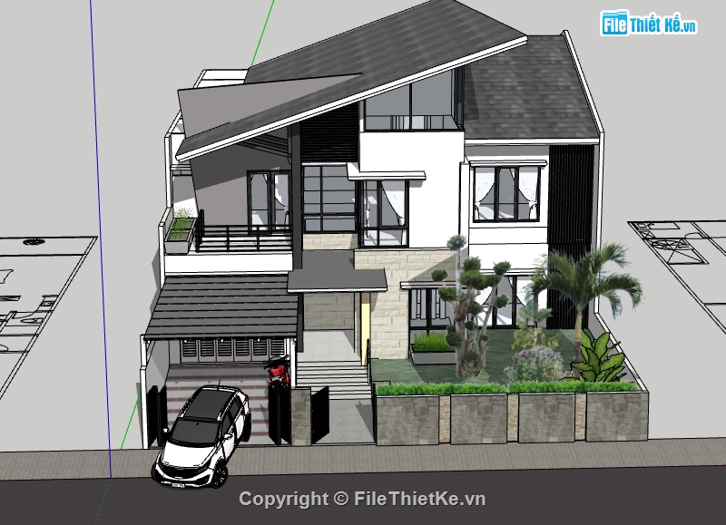 dựng bao cảnh biệt thự 2 tầng,file sketchup biệt thự 15.2x18.6m,dựng model 3d su biệt thự hiện đại