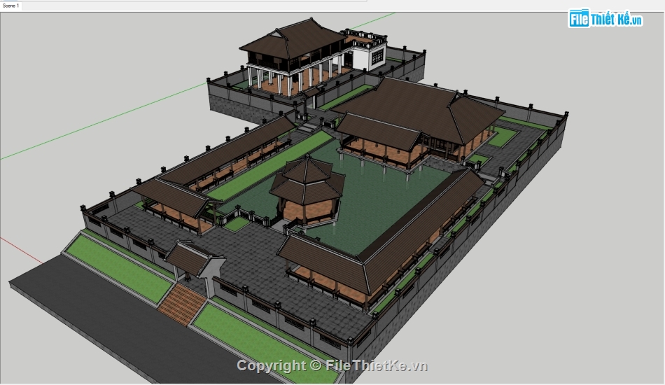 thiết kế chùa file sketchup,File sketchup chùa,tổng quan thiết kế chùa file 3d,file 3d chùa