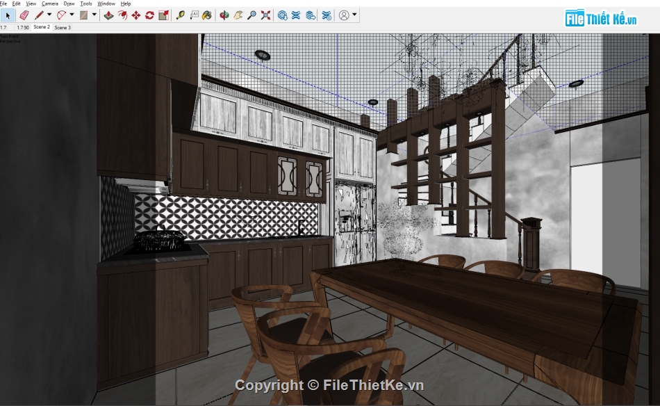 sketchup nội thất,sketchup phòng khách,sketchup nội thất phòng bếp,Model sketchup phòng khách