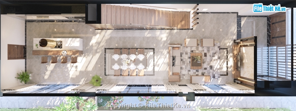 Sketchup + Vray nội thất,sketchup nội thất khách bếp,file sketchup nhà bếp,model sketchup phòng khách,file su khách bếp