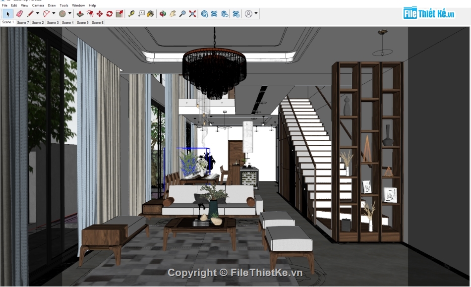 Sketchup + Vray nội thất,sketchup nội thất khách bếp,file sketchup nhà bếp,model sketchup phòng khách,file su khách bếp
