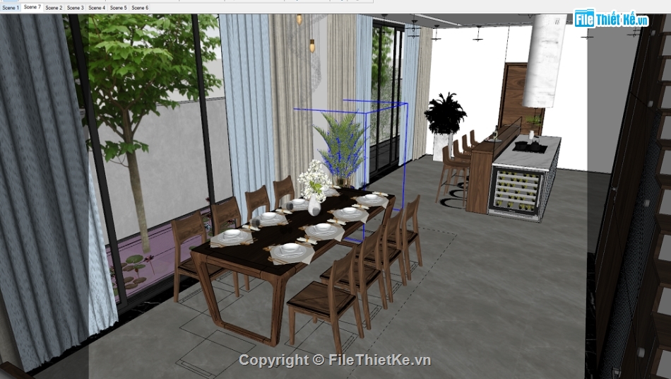 Sketchup + Vray nội thất,sketchup nội thất khách bếp,file sketchup nhà bếp,model sketchup phòng khách,file su khách bếp