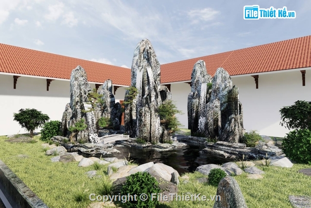 sketchup tiểu cảnh sân vườn,tiểu cảnh,Hòn Non Bộ,Ngũ Hành Sơn,sân vườn,bản vẽ sân vườn