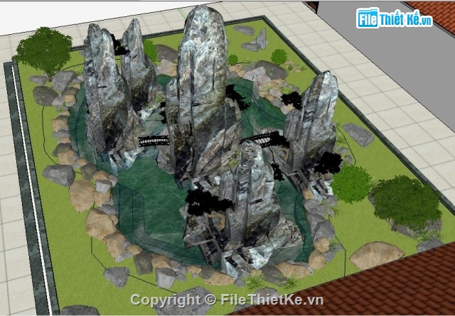 sketchup tiểu cảnh sân vườn,tiểu cảnh,Hòn Non Bộ,Ngũ Hành Sơn,sân vườn,bản vẽ sân vườn