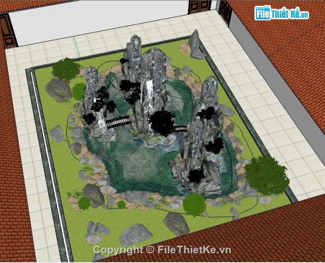 sketchup tiểu cảnh sân vườn,tiểu cảnh,Hòn Non Bộ,Ngũ Hành Sơn,sân vườn,bản vẽ sân vườn