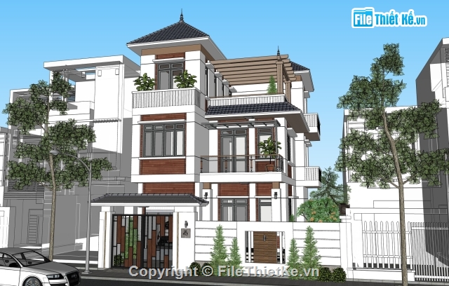 biệt thự sketchup,sketchup biệt thự,biệt thự 3 tầng,biệt thự phố