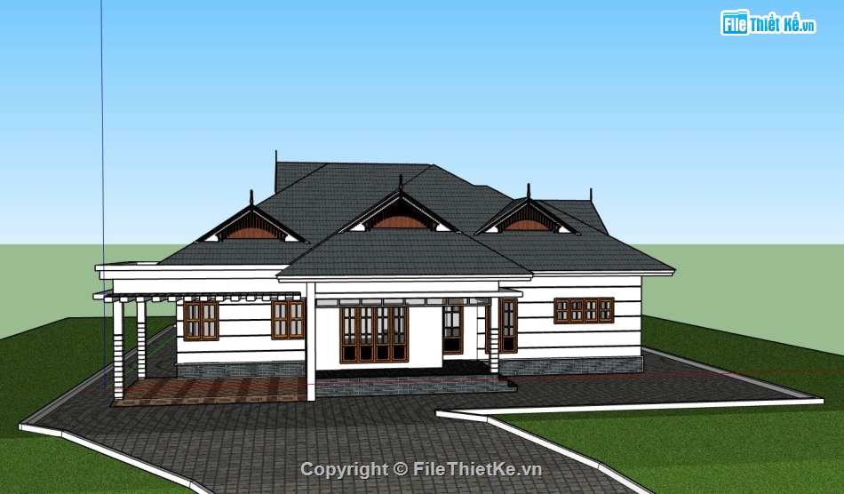biệt thự 1 tầng,biệt thự sketchup,phối cảnh biệt thự 1 tầng,file sketchup biệt thự 1 tầng