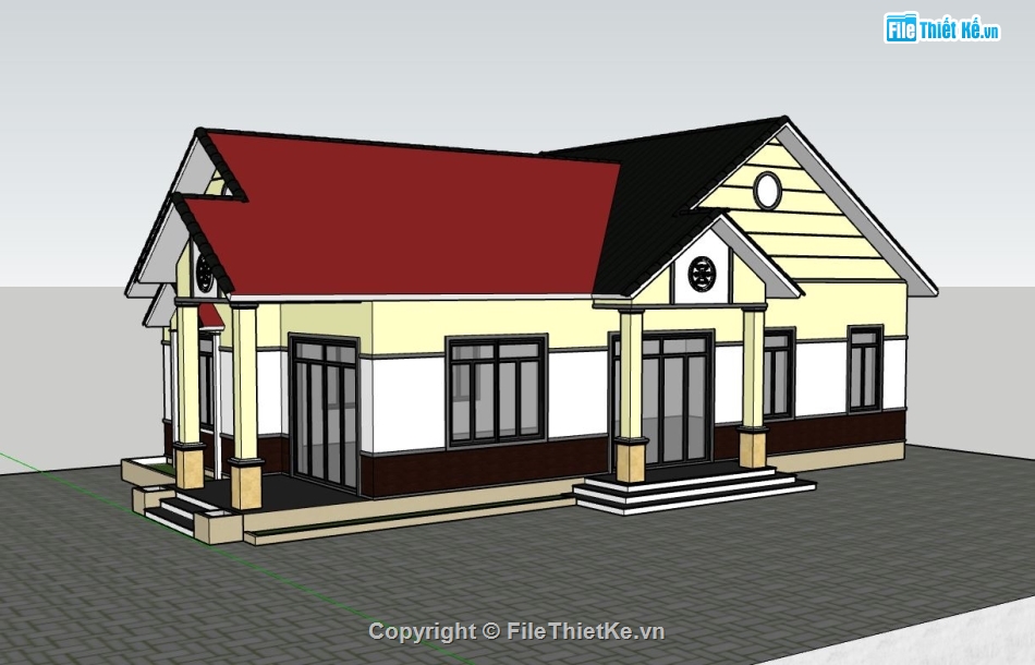 biệt thự sketchup,file sketchup biệt thự 1 tầng,phối cảnh biệt thự 1 tầng,thiết kế biệt thự 1 tầng