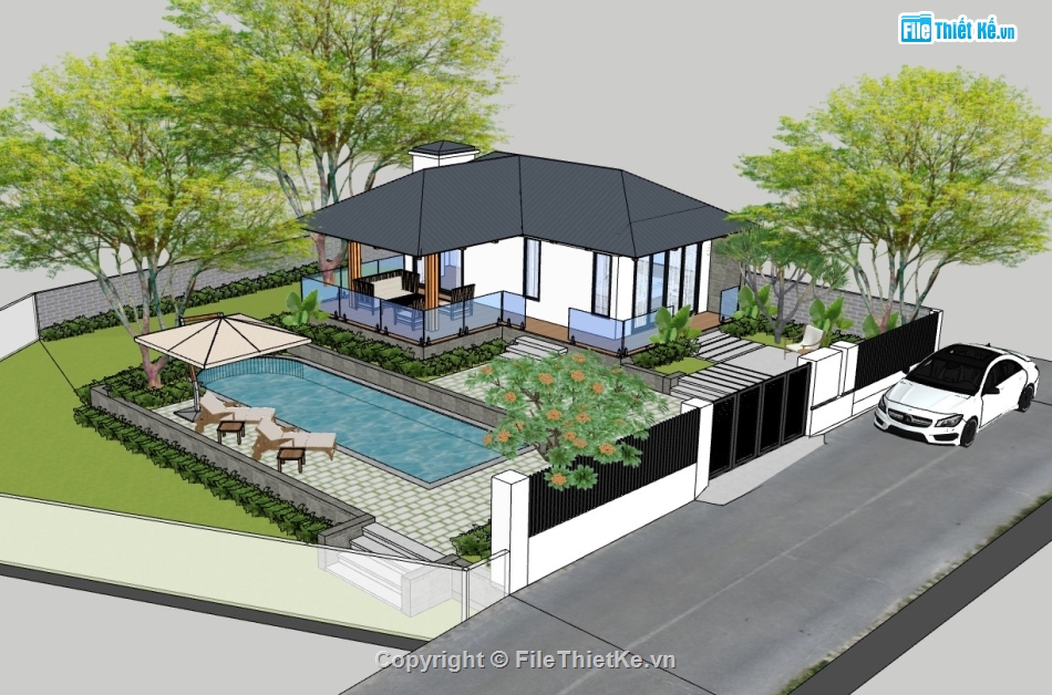 biệt thự 1 tầng,biệt thự sketchup,su biệt thự,sketchup biệt thự