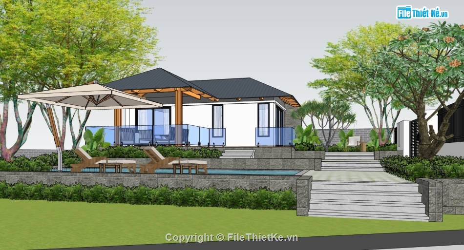 biệt thự 1 tầng,biệt thự sketchup,su biệt thự,sketchup biệt thự