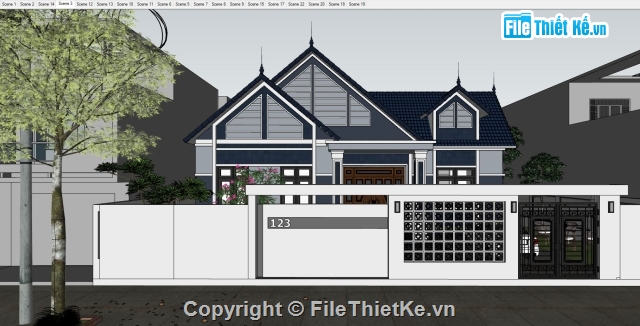 SU nhà cấp 4,Sketchup biệt thự,SU biệt thự 1 tầng,Sketchup nhà cấp 4
