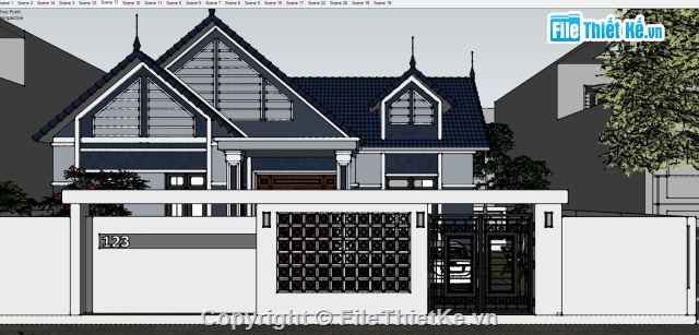 SU nhà cấp 4,Sketchup biệt thự,SU biệt thự 1 tầng,Sketchup nhà cấp 4