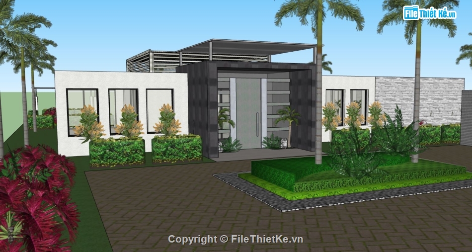 biệt thự 1 tầng,sketchup biệt thự 1 tầng,model sketchup biệt thự 1 tầng,phối cảnh biệt thự 1 tầng