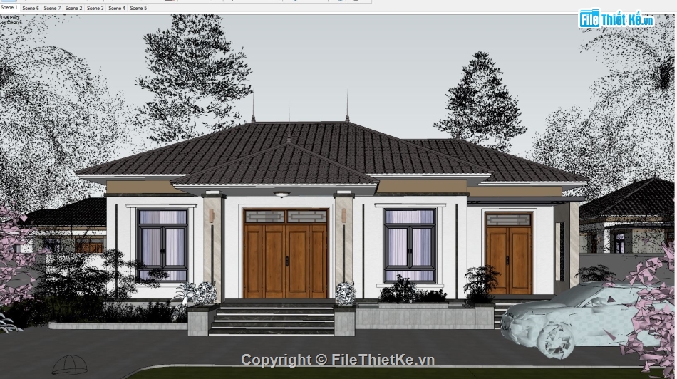 Sketchup biệt thự 1 tầng,File biệt thự sketchup,model su biệt thự 1 tầng,sketchup biệt thự 1 tầng mái nhật